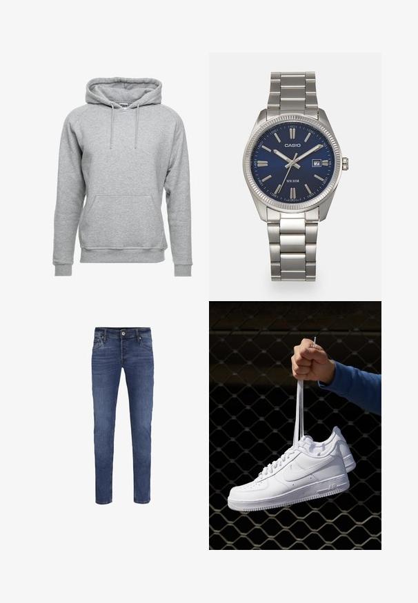 Pelēks kapucis, kas izgatavots no mīksta kokvilnas materiāla, ar priekšējo kabatu, regulējamiem sašaurinājumiem un ribotām piedurknēm un apakšmalu.; Vīriešu šauras formas zili denim džinsi ar pogu un rāvējslēdzēju, priekšējām un aizmugurējām kabatām, kā arī viegli nodrupušām detaļām.; Baltas ādas sporta apavi ar perforācijām, apaļu purngali, plakanu zoli un biezām šņorēm, ar redzamu swoosh logo un vārdu "AIR" uz papēža.; Sudraba nerūsējošā tērauda rokas pulkstenis ar tumši zilu ciparnīcu, metalizētiem stundu rādītājiem un datuma logu pie pulksten 3. Ūdensizturīgs līdz 50 metriem.