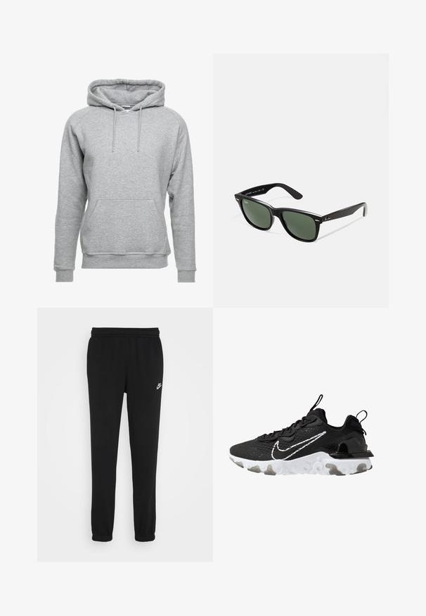 Pelēks kapucis, kas izgatavots no mīksta kokvilnas materiāla, ar priekšējo kabatu, regulējamiem sašaurinājumiem un ribotām piedurknēm un apakšmalu.; Melni sporta bikses ar elastīgu jostu, ar piegulošām potītēm un mazu balto Nike logo kreisajā pusē. Izgatavotas no mīksta teksturēta auduma.; Melnas sporta kurpes ar teksturētu auduma virsu, baltu Nike swoosh un biezu baltu zoli. Iekļauts vilkšanas cilpa uz papēža vieglai uzvilkšanai.; Melnas plastmasas saulesbrilles ar zaļiem lēciem, kvadrātveida rāmjiem, sudrabainu akcentu uz uzacīm un teksturētām tempļu kājām. Zīmols norādīts uz iekšējās kājas.