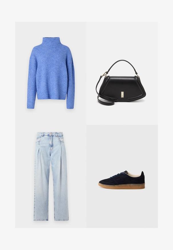 Blå räfflad stickad tröja med hög krage, sjunkande axlar och långa ärmar. Tyget verkar mjukt med en texturerad yta.; Ljust blå denimjeans med hög midja, vida ben, två sidofickor och veckad design. Mjuk textur med en blekt finish.; Mörkblå mockasneaker med sula av gummiliknande material, blåa snören och minimalistisk design. Har präglad logga på sidan och slät innerfoder.; Svart läderhandväska med en strukturerad design, som har en avskuren form, ett handtag upptill och guldiga detaljer. Justerbar axelrem ingår.