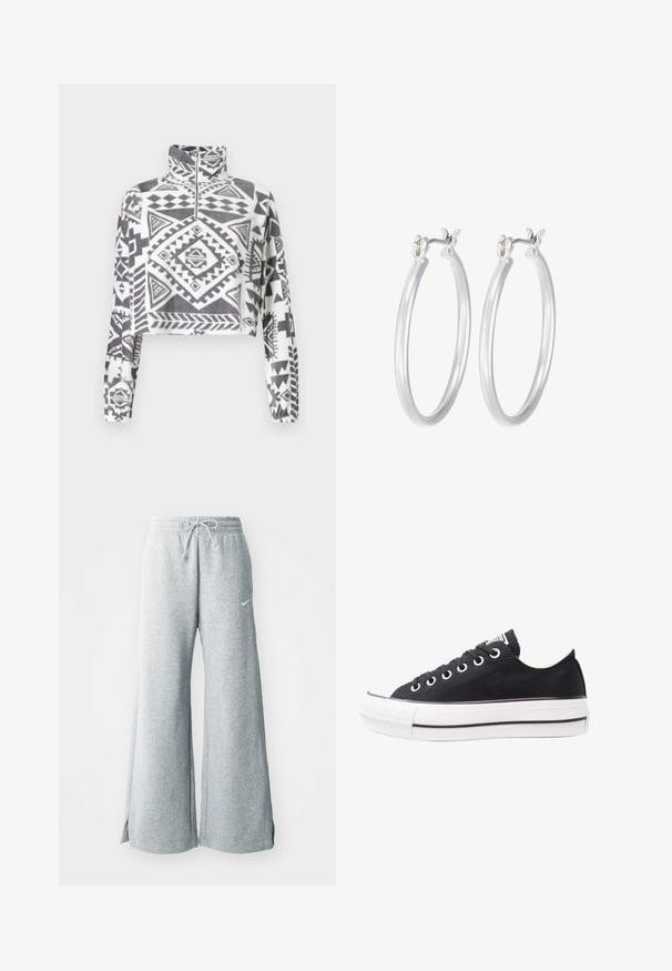 Noisy May NMFLECI ZIPPER - Fleecepullover - charcoal gray; Hellgraue Sweatpants aus weichem Material, mit einem Kordelzugbund, weitem Bein und seitlichen Schlitzen. Nike-Logo dezent angezeigt.; Schwarze Leinensneaker mit weißer Gummisohle, runder Zehenpartie, niedriger Schnürung, Metallösen und einer strukturierten Zehenkappe. Dünner schwarzer Streifen entlang der Sohle.; Silberne Creolen mit einer glatten, polierten Oberfläche. Runder Form und sicherem Klickverschluss. Leichtes Design, geeignet für den täglichen Gebrauch.