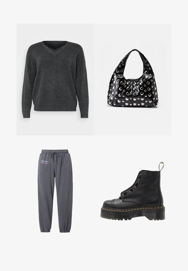 Tmavě šedý pletený svetr s výstřihem do V, dlouhými rukávy a uvolněným střihem. Měkká textura, minimální detaily a hladký povrch.; Tmavě šedé tepláky z měkkého materiálu, s elastickým pasem, stahovací šňůrkou a nařasenými manžetami. Obsahují vyšitý text značky.; Černá kožená kotníková bota s texturovaným povrchem, kulatou špičkou, šněrovacím designem, žlutým prošíváním a silnou, vroubkovanou černou podešví.; Černá lakovaná kabelka s kulatým tvarem, ozdobená stříbrnými kovovými hroty různých velikostí a širokým popruhem pro snadné nošení.