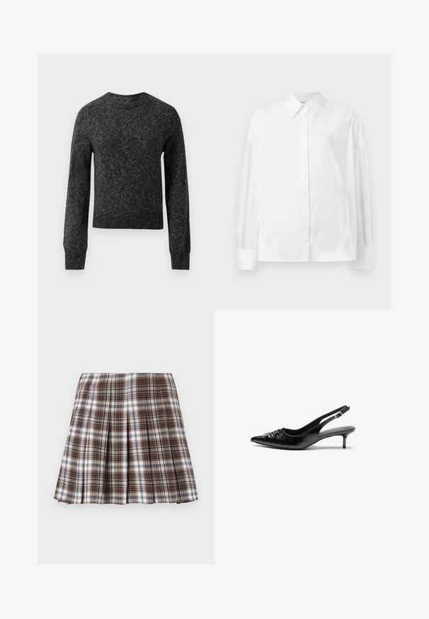 Tmavě šedý melírovaný pletený svetr s dlouhými rukávy, žebrovanými manžetami, lemem a kulatým výstřihem, vystavený na bílem pozadí.; Bílá košile s dlouhým rukávem z hladké bavlněné směsi. Obsahuje klasický límec, přední zapínání na knoflíky a zaoblené manžety.; Hnědo-bílá kostkovaná plisovaná sukně se strukturovaným designem a čistou texturou, s vysokým pasem a více vertikálními záhyby.; Černé kožené lodičky na slingback s špičatou špičkou, malým podpatkem typu kitten a ozdobným uzlem na přední straně. Hladký povrch po celém obvodu.