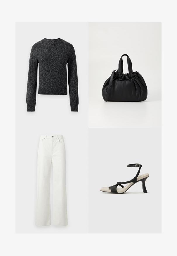 Maglione a maglia marled grigio scuro con maniche lunghe, polsini e orlo a coste, e scollatura rotonda, esposto su uno sfondo bianco.; Samsøe Samsøe SHELLY - Jeans baggy - clear cream; Sandal con tacco nero e design con cinturino intrecciato, punta quadrata e cinturino alla caviglia regolabile. Soletta beige chiaro con tacco nero lucido.; Borsa a tracolla in pelle nera con design a cima arricciata, dotata di due manici corti e di una lunga tracolla regolabile. Texture liscia, forma arrotondata.