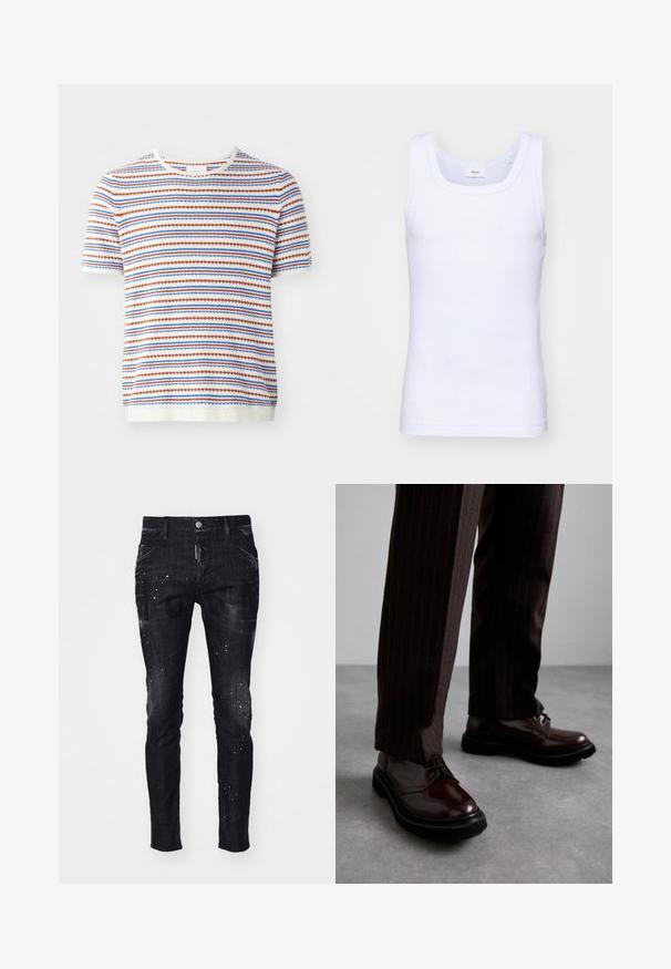 Pulover tricotat cu mânecă scurtă, de culoare albă, cu dungi orizontale în roșu, albastru și portocaliu, având un guler ribisit și un țesut texturat.; Top din bumbac alb fără mâneci, cu un decolteu rotund, având o textură netedă și o formă ajustată, conceput pentru purtarea casual.; Blugi negri din denim cu croială slim, având un finisaj uzat, model stropit și buzunare frontale. Logo-ul este vizibil pe partea din față.; Pantofi din piele maro, cu șiret, având un finisaj lucios, talpă din cauciuc negru și o cusătură subtilă. Purtați cu pantaloni maro cu dungi.