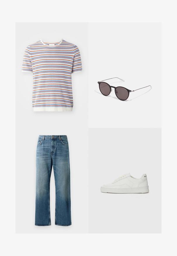 Short-sleeve knit sweater in white with horizontal stripes in red, blue, and orange, featuring a ribbed neckline and textured weave.; Light blue wide-leg jeans with a faded wash, featuring single-button closure, five pockets, and contrasting stitching.; White leather sneaker with a smooth finish, round toe, flat laces, and a textured sole. Features a subtle logo on the heel.; Black round sunglasses with dark lenses and slim metal arms. Includes clear temple tips and silver accents at the hinge. Minimalist design.