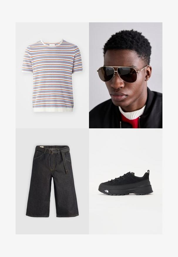 Kortärmad stickad tröja i vitt med horisontella ränder i röd, blå och orange, med en ribbad halsringning och strukturerad väv.; Mörka denim culotter med en bred bendesign, bältesöglor och ett tygbälte. Kontraststickningar och fickor på båda sidor.; Svart utomhussko med ovandel i mocka, texturerad gummisula och robust snörningssystem. Har en förstärkt häl och varumärkeslogotyp på sidan.; Bruna solglasögon med guld-accenter och ett grön-röd-grönt rand på skalmen, bärs tillsammans med en svart bomberjacka över en röd och vit tröja.