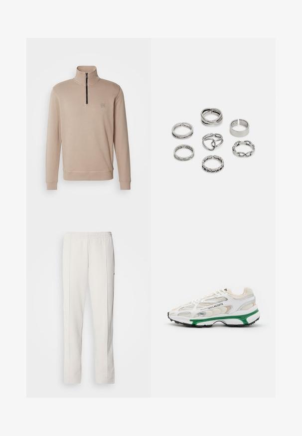 BOSS ZETRUST - Bluză de molton - open brown; Lacoste Pantaloni de trening - hammam; Adidași albi cu accente verzi și talpă din cauciuc negru. Prezintă panouri din plasă și materiale sintetice, cu un finisaj texturat și cusături vizibile.; Set de șapte inele din argint cu diverse modele, inclusiv modele răsucite, legate și gravate. Forme și lățimi diferite.