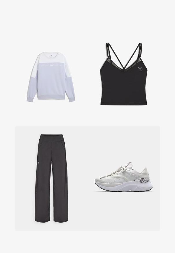 Světle fialová mikina s bílými akcenty. Obsahuje žebrované manžety a lem, kulatý výstřih a středovou logovou pásku přes hruď.; Černá sportovní podprsenka s designem ve tvaru V, vybavená nastavitelnými ramínky a výrazným logem Puma na levé straně. Materiál je hladký.; Černé sportovní kalhoty s širokým pasem, bočními kapsami a plochými švy. Obsahují malé logo na levé nohavici. Vyrobeno z hladké, elastické tkaniny.; Bílé sportovní boty s texturovanou vrchní částí, kulatou špičkou a polstrovanou podešví. Obsahují vzorovaný akcent poblíž paty a ploché šňůrky.