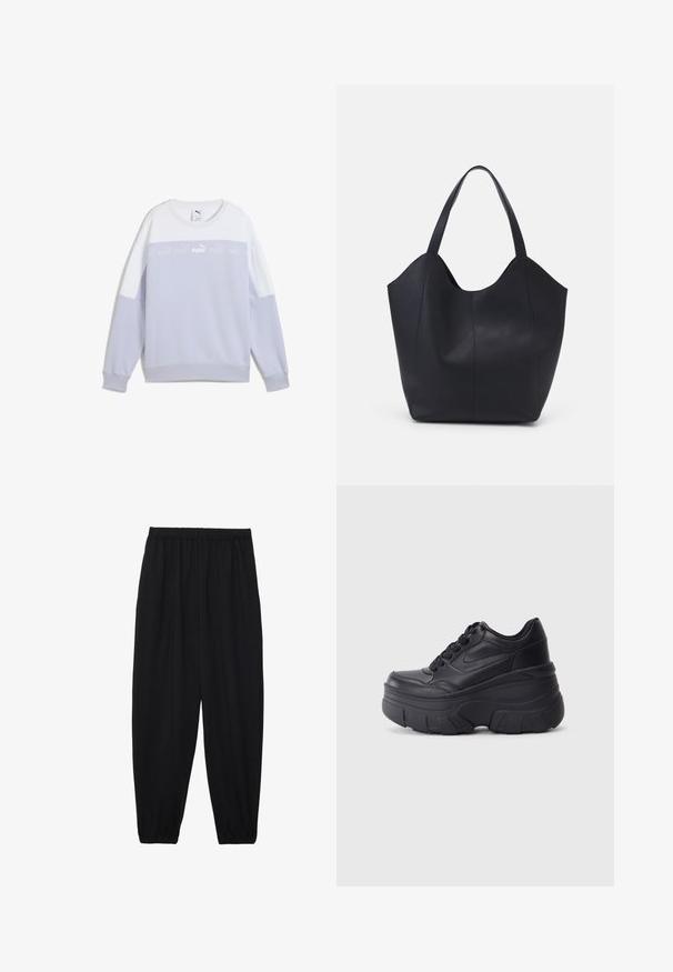 Sweatshirt violet clair avec des accents blancs. Il présente des poignets et un ourlet nervurés, un col rond et une bande logo centrée sur la poitrine.; Pantalons noirs légers avec une taille élastique et des chevilles froncées. Le tissu est lisse et présente un design décontracté et fuselé.; Baskets noires à lacets avec une semelle épaisse, présentant un dessus en cuir lisse, un bout arrondi et un design de plateforme en couches distinct.; Sac fourre-tout noir en cuir lisse, doté d'un haut ouvert et courbé avec deux brides d'épaule et un design minimaliste.