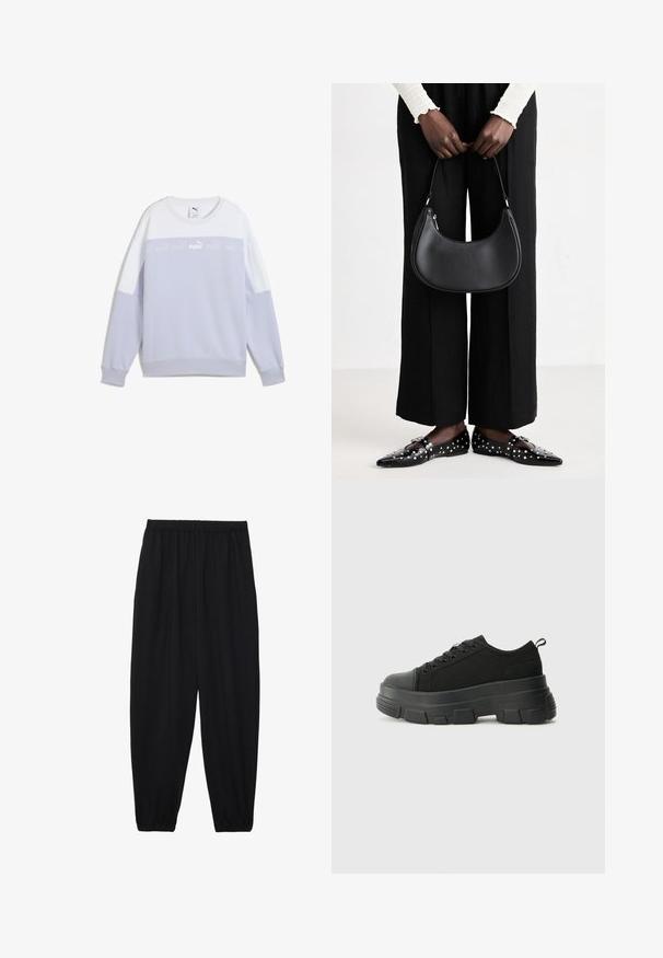 Licht paarse sweatshirt met witte accenten. Heeft ribgebreide manchetten en zoom, een ronde halslijn en een centraal logo-band over de borst.; Zwarte, lichte broek met een elastische tailleband en gathered enkels. De stof is glad en heeft een ontspannen, taps toelopend ontwerp.; Zwarte sneakers met een stevige rubberen zool, textiel bovenwerk, ronde neus en vetersluiting. Beschikt over versterkte oogjes en een trekstrip aan de achterkant.; Zwarte lederen schoudertas met een ronde vorm, glanzende afwerking en zilverkleurige hardware. Persoon in zwarte wijde broek en gestifte loafers.