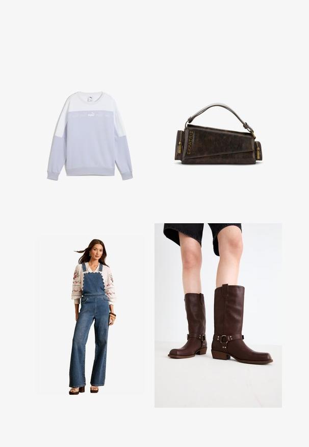 Felpa lilla con dettagli bianchi. Presenta polsini e orlo a costine, scollo rotondo e una banda logo centrata sul petto.; Salopette in denim con un design scallopato sul bavaglino, gambe svasate e tasche laterali. Abbinata a una blusa bianca ricamata e accessori in legno.; Stivali marroni in pelle al ginocchio con punta rotonda, superficie testurizzata, cinturino alla caviglia e dettagli in metallo argentato; tacco impilato.; Borsa a mano in pelle marrone con un design geometrico, caratterizzata da un manico superiore e dettagli in ottone sulla cerniera. Logo stampato a caldo sul lato.