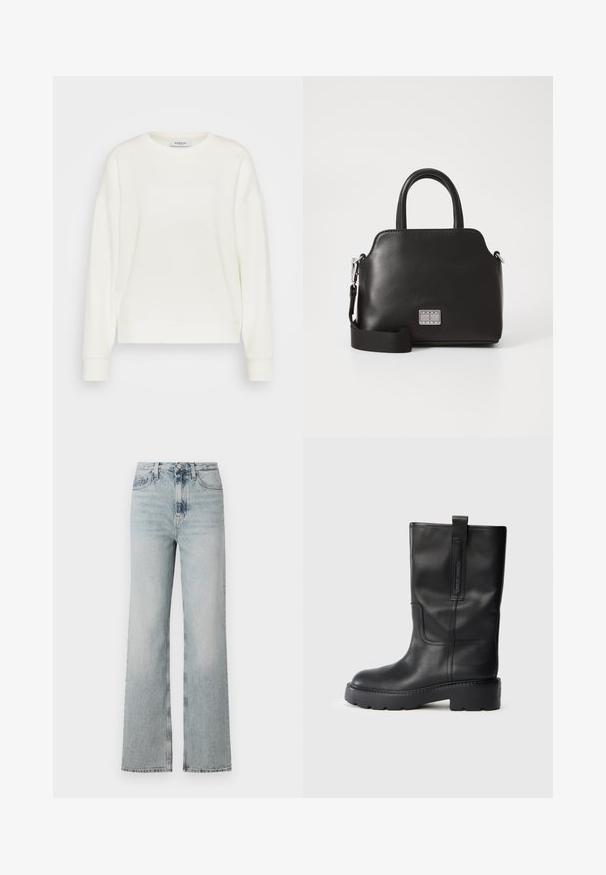 Felpa color crema con collo a giro, spalle scese lunghe, polsini a costine e orlo dritto. Realizzata in un tessuto morbido e liscio.; Jeans in denim leggero azzurro a vita alta con silhouette a gamba larga, dotati di cinque tasche e leggera scoloritura lungo il tessuto.; Stivali neri in pelle alti fino al ginocchio con un design elegante, dotati di una suola spessa e di una linguetta laterale per un indossamento facilitato. Cuciture decorative in evidenza.; Borsa a mano sintetica nera con manici superiori, tracolla removibile, forma arrotondata, texture liscia e accento con logo argentato sul davanti.