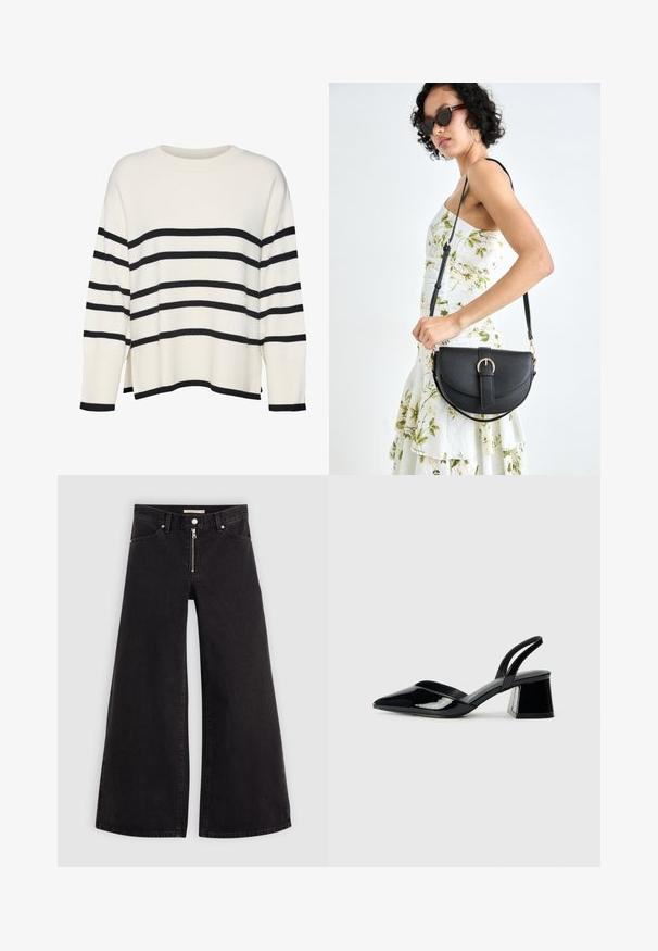 Biały sweter dzianinowy z czarnymi poziomymi paskami, ściągacze na mankietach i u dołu, luźny krój, okrągły dekolt oraz rozcięcia po bokach w talii.; Jeans o szerokich nogawkach w czarnym denienie z zamkiem błyskawicznym z przodu, pięcioma kieszeniami i subtelnymi detalami przeszycia. Gładka tekstura i swobodny styl.; Czarne lakierowane półbuty na obcasie z wydłużonym noskiem i geometrycznym słupkiem. Charakteryzują się eleganckim, minimalistycznym designem oraz gładką fakturą.; Czarna skórzana torebka o zakrzywionym kształcie, z odpinanym paskiem i złotymi akcentami. Torebka posiada klapę z zapięciem w kształcie klamry.
