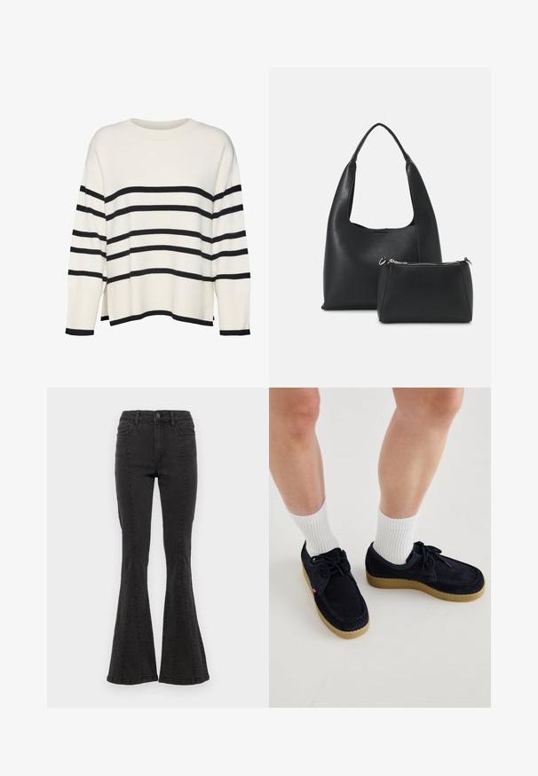 Bela pletena svetrovka z črnimi vodoravnimi črtami, rebrastimi manšetami in hemom, ohlapen kroj, okrogla izreza in stranska razporka v pasu.; Črne flare jeans hlače z visokim pasom, ki imajo stranske šive in čist zaključek na robu. Tkanina ima gladko teksturo z rahlo raztegljivostjo.; Temno modri semiš čevlji s okroglo konico, zasnova z vezalkami in kremna gumijasta podplat. V kombinaciji z belimi rebrastimi nogavicami do gležnjev.; Even&Odd Torbica - black