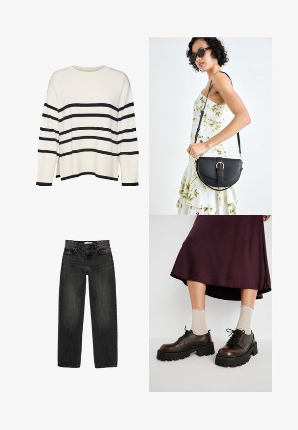 Bílý pletený svetr s černými horizontálními pruhy, žebrovanými manžetami a spodním lemem, volný střih, kulatý výstřih a boční rozparky v pase.; Černé džíny z denimu se uvolněným střihem, rovnými nohavicemi, pětikaškovým designem a lehce vybledlým vzhledem. Zapínání na knoflík a zip v přední části.; Hnědé kožené platformové boty s mohutnými černými podrážkami, v kombinaci s žebrovanými béžovými ponožkami se scalloped okraji, na tlumeném pozadí.; Černá kožená kabelka s křivkovým tvarem, odnímatelným popruhem a zlatými detaily. Kabelka má klopu s přezkou.