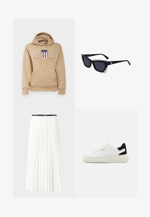 GANT ARCHIVE SHIELD HOODIE - Sweatshirt - caramel beige; Plisseret hvid nederdel med en sort elastisk talje, der har "LACOSTE"-logoet. Mellemlang design med blød tekstur.; Hvide lædersneakers med en tyk hvid sål, sort ruskindhælvægt og prægede logoer på siden. Snørebåndsdesign med seks øjer.; Store sorte oversized solbriller med geometrisk form, med mørke linser og en kontrasterende grå detalje på stellet. Logo på armen.