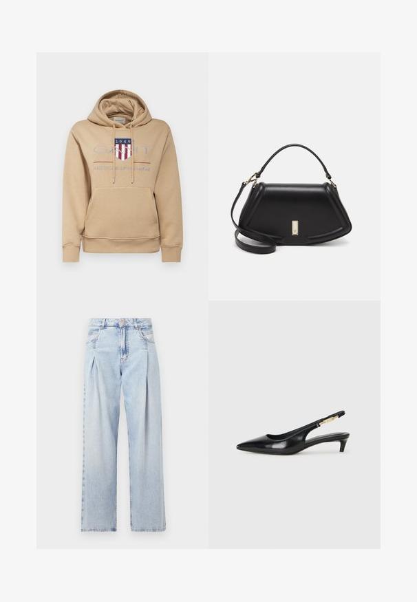 GANT ARCHIVE SHIELD HOODIE - Sweatshirt - caramel beige; Ljust blå denimjeans med hög midja, vida ben, två sidofickor och veckad design. Mjuk textur med en blekt finish.; Svart läder slingback-hälar med spetsig tå, med en smal klack och en guldtonad detalj på den justerbara remmen. Slät textur.; Svart läderhandväska med en strukturerad design, som har en avskuren form, ett handtag upptill och guldiga detaljer. Justerbar axelrem ingår.