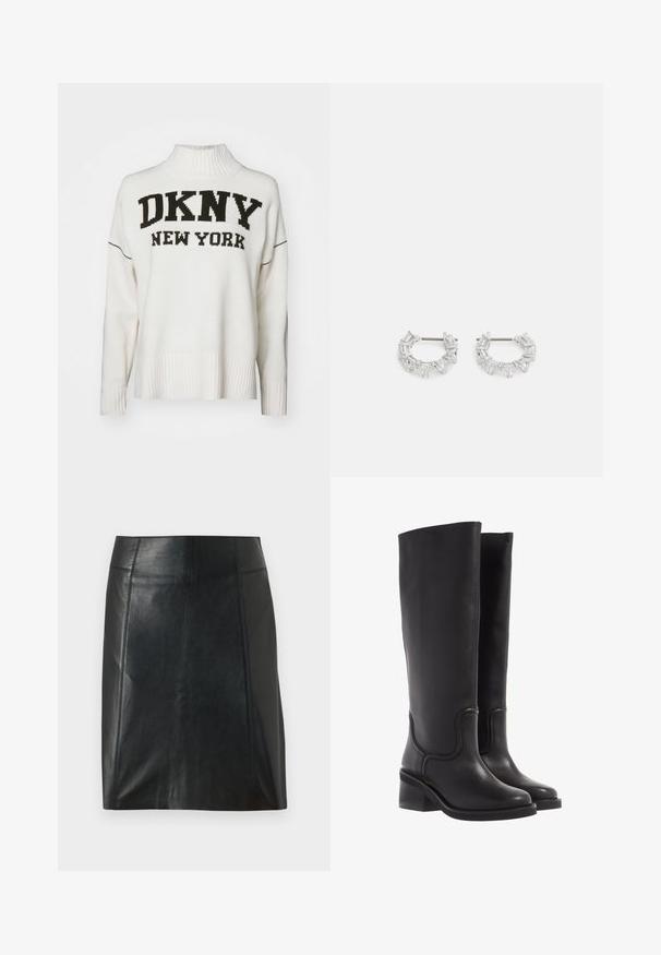 DKNY INTARSIA LOGO TURTLENECK HIGH LOW BOXY SWEATER - Vesta - eggnog/black; Crna kožna suknja s prilagođenim dizajnom. Glatka tekstura, šavovi koji oblikuju siluetu i ravni rub. Minimalistički i elegantan izgled.; Crne kožne čizme do koljena s glatkom teksturom, okruglim vrhom i debelim petama. Imaju suptilne šavove i elegantan dizajn.; Srebrne naušnice od obruča s pravokutnim i trokutnim prozirnim kristalima aranžiranim u kružnom uzorku, s središnjim postom za zatvaranje.