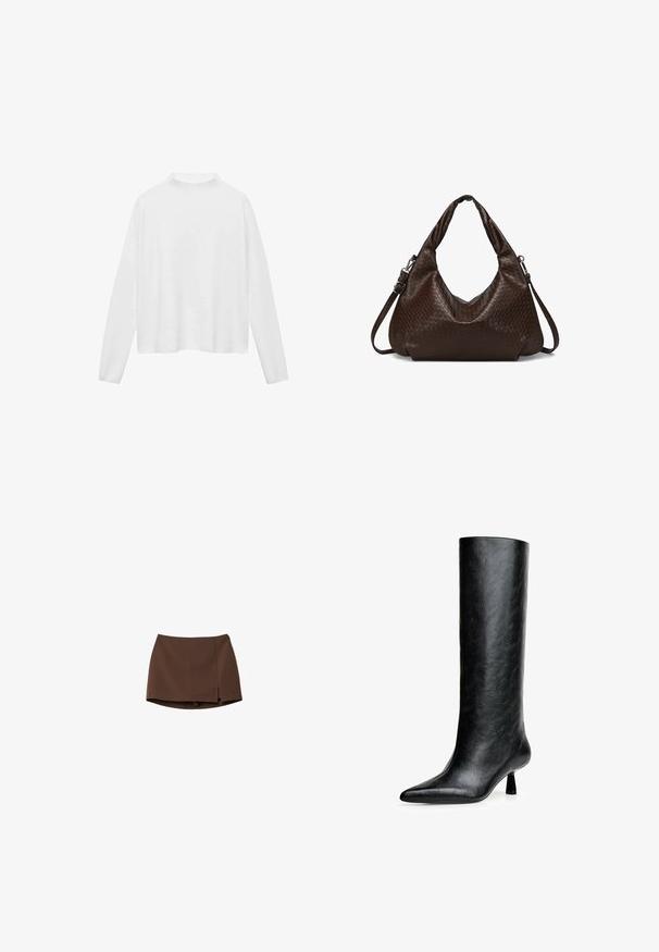 Witte langslavige top met een hoge hals. Zachte stof, relaxte pasvorm en zijsplitten. Glad oppervlak zonder patronen of versieringen.; Bruine rok van gladde stof, met een rechte snit en een zijsplit. Eenvoudig ontwerp zonder patronen of hardware-details.; Zwarte kniehoge laars gemaakt van gestructureerd leer. Heeft een spitse neus en een kleine, vloeiende hak. Strakke, gladde vormgeving met minimale accenten.; Donkerbruine leren schoudertas met geweven textuur, voorzien van dubbele handvatten en een afneembare, verstelbare crossbodyriem.