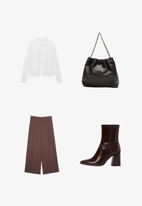 Weißes Langarmoberteil mit hohem Kragen. Weicher Stoff, lockere Passform und seitliche Schlitze. Glatte Textur ohne Muster oder Verzierungen.; Braune Weite-Leg-Hosen mit einer glatten Textur, hoher Taille und Vorderfalten. Der Stoff ist leicht und fällt locker.; Braune Lackleder-Stiefelette mit spitzem Zehenbereich, elastischem Knöchel und blockartigem Absatz. Elegantes Design mit glatter Textur.; Braune Lederhandtasche mit gerafftem Oberteil und Kettenriemen. Glatte Textur mit glänzendem Finish und subtilen Nahtdetails an den Seiten.