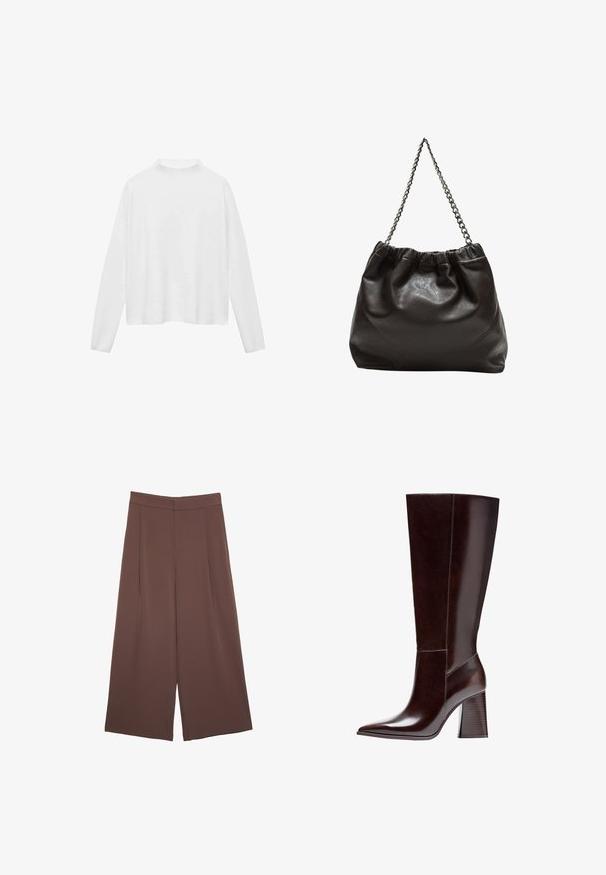 Hvid bluse med lange ærmer og høj halsudskæring. Blødt stof, afslappet pasform og sideslids. Glat tekstur uden mønstre eller pynt.; Brune bredbunde bukser med en glat tekstur, der har høj talje og plisseringer foran. Stoffet er let og falder løst.; Brune læder knæhøj støvle med spids tå og tekstureret blokhælb. Har rent design og minimal syning.; Brun lædertaske med en rynket top og en kædestrop. Glat tekstur med en blank finish og subtile sømdetaljer på siderne.