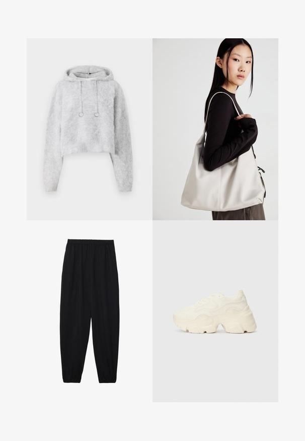Grå cropped hettegenser laget av mykt, fluffy materiale. Har snor med sølvringer og lange ermer.; Svarte, lette bukser med elastisk liv og rynkede ankler. Stoffet er glatt og har en avslappet, innsvingt design.; Chunky hvite sneakers laget av teksturert mesh og syntetiske materialer, med en tykk såle og intrikate mønsterdetaljer langs sidene.; Beige håndveske laget av mykt materiale, med en slapp design, sydd detaljer og to skulderstropper. Passer for daglig bruk.