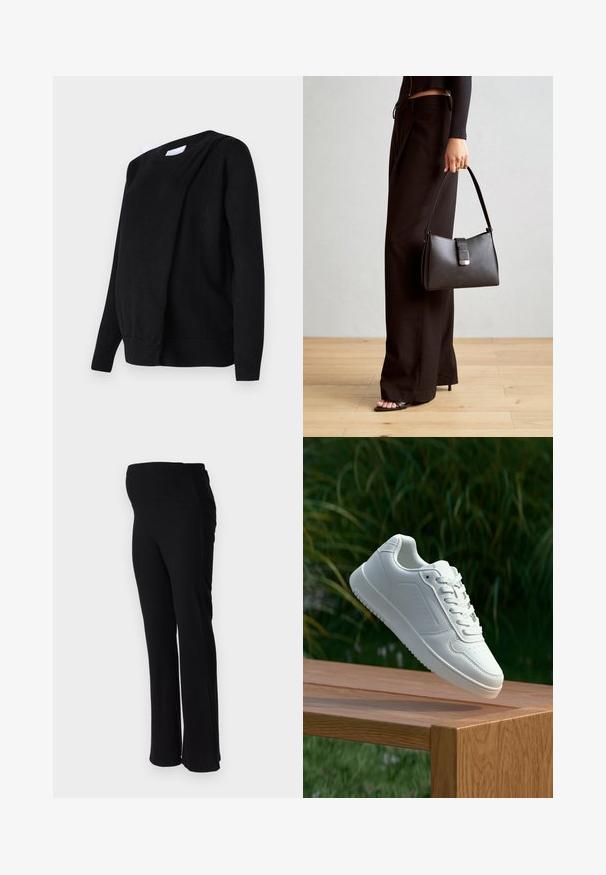 Črna pletena jopica z dolgimi rokavi, okroglim izrezom in padajočim sprednjim dizajnom za dodatno udobje in stil.; ONLY MATERNITY OLMHALLE - Hlače - black; Bela teniska s gladkim sintetičnim zgornjim delom, perforiranim prednjim delom, ravnimi vezalkami in teksturiranim podplatom, prikazana na leseni površini.; Črna torbica z strukturirano obliko, gladko teksturo in kovinskim zaponko. Ujemajo se z širokimi črnimi hlačami in odprtimi sandali na lesenem tleh.