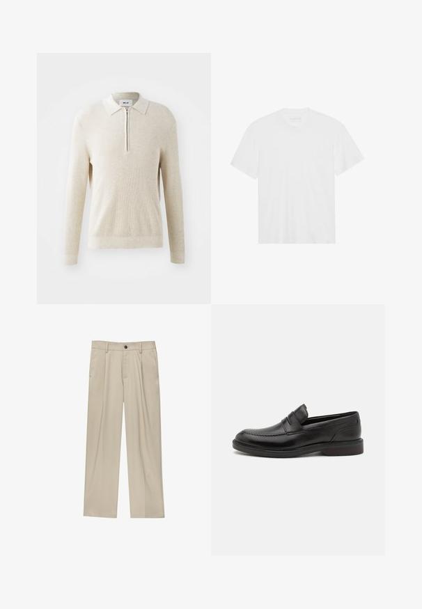 Cremfarbener, gerippter Pullover mit Reißverschlusskragen, langen Ärmeln und lässigem Schnitt, der mit einem strukturierten Strickmuster und einem elastischen Saum versehen ist.; Weißes Baumwoll-T-Shirt mit kurzen Ärmeln, Rundhalsausschnitt und geradem Saum. Glatte Textur, minimalistisches Design ohne Muster oder Akzente.; Beige Hosen mit geradem Schnitt, ausgestattet mit einem einzelnen schwarzen Knopf, Gürtelschlaufen und Seitentaschen. Glatte Stofftextur und minimalistisches Design.; Schwarze Lederloafers mit genähter Zehenpartie, zwei horizontalen Riemen über dem Blatt und einem Holzabsatz. Glatte Textur und abgerundete Form.
