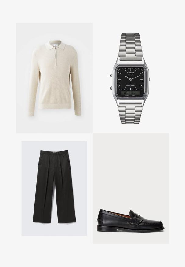 Cremfarbener, gerippter Pullover mit Reißverschlusskragen, langen Ärmeln und lässigem Schnitt, der mit einem strukturierten Strickmuster und einem elastischen Saum versehen ist.; Schwarze weit geschnittene Hose mit glatter Textur, ausgestattet mit zwei frontalen Taschen und einem leicht erhöhten Bund.; Schwarze Lederloafer mit abgerundetem Zeh, gesteppten Details und einem dekorativen Riemen an der Vorderseite. Flache Sohle mit minimalem Profil.; Silberner Edelstahl-Quartz-Uhr mit schwarzem rechteckigem Zifferblatt, ausgestattet mit analogen Zeigern, digitaler Anzeige und Wasserdichtigkeitslabel.