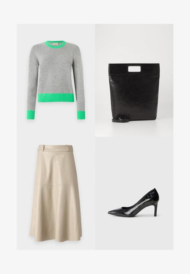 Long-sleeve gray sweater with bright green ribbed collar, cuffs, and hem, displayed against a plain white background.; Beige leather midi skirt with a smooth texture, wide waistband, and flared hem; features stitched seams for added detail.; Black pointed-toe high heels with a glossy finish and subtle textured pattern. Features a moderate heel and open throat design.; Black leather tote bag with a square handle, featuring a textured finish and embossed logo. Includes a detachable strap.