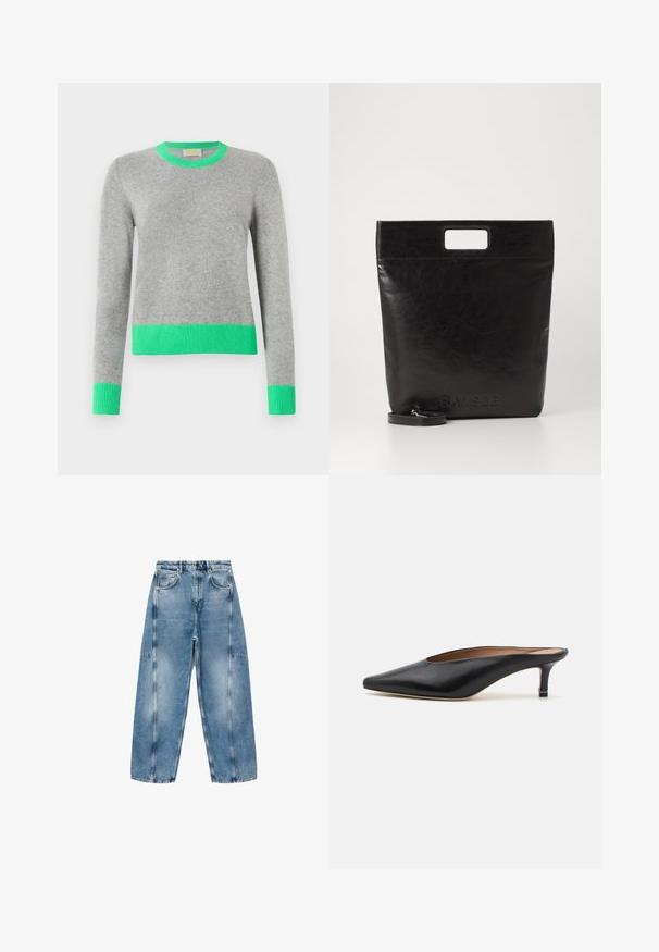 Maglione grigio a maniche lunghe con colletto, polsini e orlo a coste verde brillante, esposto su uno sfondo bianco uniforme.; I jeans in denim azzurro chiaro presentano una vestibilità rilassata, ampie tasche e cuciture a contrasto. Il tessuto ha una finitura scolorita con una texture liscia.; Mule in pelle nera con punta affilata e tacco basso a blocco. Texture liscia con un design elegante. Retro aperto con dettagli minimi.; Borsa tote in pelle nera con manico quadrato, caratterizzata da una finitura testurizzata e logo impresso. Include una tracolla rimovibile.