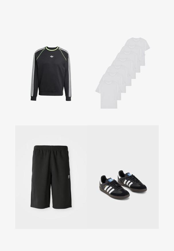 Fekete kapucnis pulóver fehér háromsávos mintával az ujján és citromsárga részletekkel. Kerek nyakkivágással és kis logóval a mellen.; Fehér pamut pólók, rövid ujjúak, kerek nyak kialakítással, sima textúrával, sorba rakva, diszkrét logóval a nyaknál.; Fekete pamut nadrág, rugalmas derékkal, oldalsó varrásokkal és egy kis fehér logóval a bal lábon. Simaszövet, térd alá érő fazon.; Fekete sportcipők, velúrból és szintetikus anyagból készült felsőrésszel, három fehér csíkkal, textúrázott gumitalppal és kék logó címkével a nyelvén.