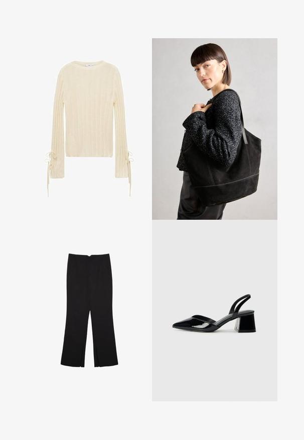Mango Maglione - beige; Pantaloni neri a gamba dritta, con tasche frontali e spacchi laterali all'orlo. Realizzati in tessuto morbido e liscio. Adatti a diverse occasioni.; Décolleté in vernice nera con punta affusolata e tacco in geometria cubica. Presentano un design elegante e minimalista, con una texture liscia.; Borsa tote nera in suede con una texture liscia, forma strutturata e cuciture a contrasto. Presenta lunghe tracolle per il trasporto a spalla.