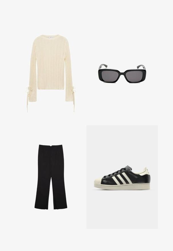 Mango Svetr - beige; Černé kalhoty s rovným střihem, s předními kapsami a bočními rozparky na lemu. Vyrobené z jemné, hladké tkaniny. Vhodné na různé příležitosti.; Černé kožené sneakers s bílými pruhy, gumovou špičkou, černými tkaničkami a krémovou podešví. Hladký povrch s lesklým finišem.; Černé obdélníkové sluneční brýle s tmavými skly, hladkým plastovým rámem a zakřivenými stranicemi. Design je robustní s minimalistickou estetikou.; Modrý šátek s třásněmi vyrobený z měkké tkaniny; má jednobarevný vzhled s texturovaným povrchem a rovnoměrně střiženými třásněmi na spodní straně.