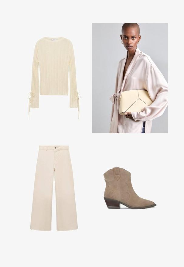 Mango Jumper - beige; Wide-leg trousers in light beige cotton, featuring a button closure, subtle frayed hem, and a loose fit design.; Beige suede ankle boot with a pointed toe, decorative stitching, and a low stacked heel. Features a pull tab at the back.; Cream structured handbag with contrasting black seams, featuring a geometric design. Smooth texture with gold hardware accents.