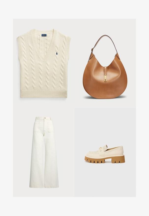 Kreemivärvi kudum, ilma varrukateta, V-kaelusega, millel on kaablimasinad ja väike sinine logo vasakul küljel.; Laiad teksad heledast denimist. Kõrge vöökoht, nööbivöö, kaks esikotitäit ja kontrastsed õmblused.; Beežid mokasiinid tekstuurse kreemja rihmaga, millel on jäme pruun tald hammaste sarnaste mustritega. Kuldne aktsent klambri detailil.; Kohvane nahast käekott, millel on kaarjas kuju ja lai õlavööt. Koti keskosas on kuldne metallne detail ning pind on sile.