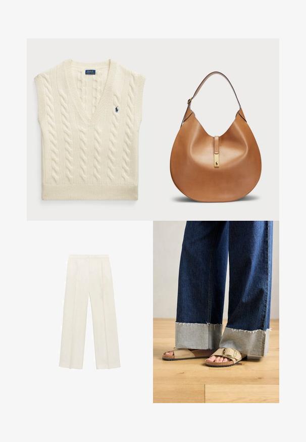 Crème-kleurige gebreide mouwloze trui met een V-hals, voorzien van kabelpatronen en een klein blauw logo aan de linkerzijde.; Wijdgevallen broeken in een lichtcrème kleur. Gemaakt van een zachte stof met plooien aan de voorkant en zijzakken.; Voeten in beige Birkenstock-sandalen met gouden gespen, gecombineerd met donkerblauwe denimspijkerbroeken die bij de boorden opgerold zijn, staande op een houten vloer.; Bruine leren hobo tas met een gebogen silhouet, platte schouderriem en een gouden hardware accent aan de voorkant. Gladde textuur.