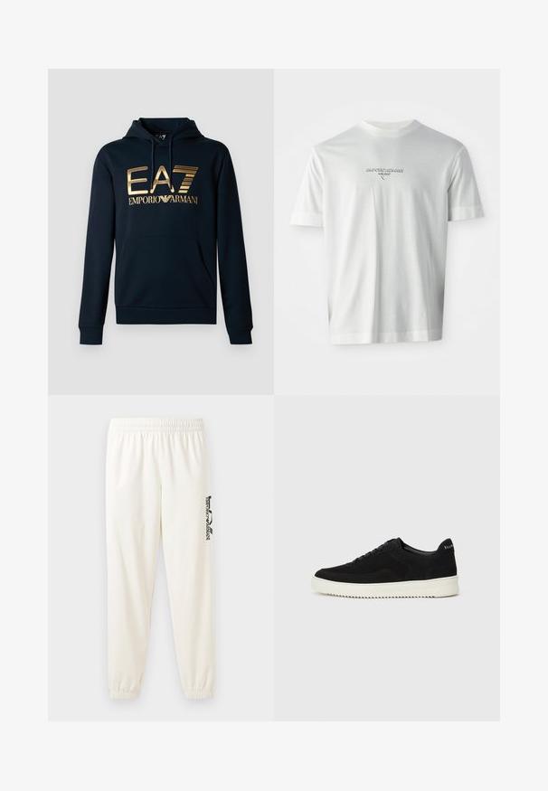Jūras flotes kapuce ar lielu zeltītu EA7 logotipu; iekļauj vistas kabatu, kapuci ar auklu un ribotām piedurknēm modernai piegrieztei.; Balts īsām piedurknēm T-krekls ar "EMPORIO ARMANI MILANO" logo, kas centrēts uz krūts, subtīli paceltā burtā.; Gai bēšas sporta bikses ar elastīgu jostu un elastīgām aprocēm. Kreisajā kājā ir melns iegravēts logo. Mīksta auduma tekstūra.; Melnas zamšas kedas ar auklām un kontrastējošu baltu gumijas zoli. Iekļauj teksturētas sānu panēles un diskretu zīmolu uz papēža.