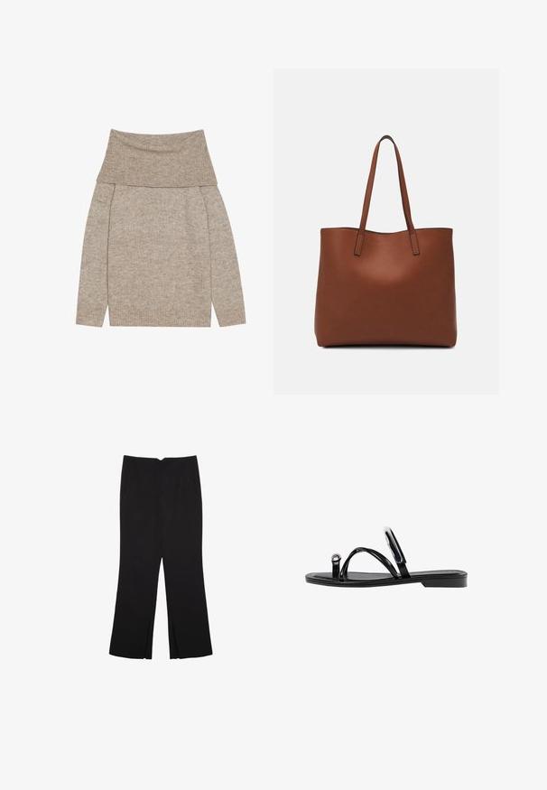 Vaalea ruskea neulepusero, jossa on leveä, käännetty kaulus. Siinä on pitkät hihat ja ribbireunat. Pehmeä rakenne, yksinkertainen muotoilu.; Mustat housut suoralinjaisella leikkauksella, joissa on etutaskut ja sivurei'ät helman alla. Valmistettu pehmeästä ja sileästä kankaasta. Sopii eri tilaisuuksiin.; Mustat litteät sandaalit, joissa on kiiltävä pinta, kolme ohutta hihnaa ja pyöreä metalliosuus varpaissa. Tyylikäs muotoilu, jossa on minimaalinen kantapää.; Ruskea nahkainen olkalaukku, jossa on sileä pinta, avoin yläosa ja kaksi olkahihnaa. Omaavat vain minimaalisen ompelun eikä näkyvää metalliosaa.