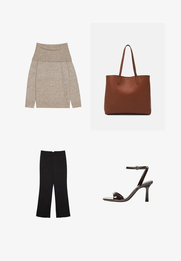 Maglione lavorato a maglia color marrone chiaro con un ampio colletto ripiegato. Presenta maniche lunghe e polsini a costine. Texture morbida, design semplice.; Pantaloni neri a gamba dritta, con tasche frontali e spacchi laterali all'orlo. Realizzati in tessuto morbido e liscio. Adatti a diverse occasioni.; Sandalini con tacco alto in pelle verniciata marrone, con cinturino alla caviglia, punta aperta e un design elegante e minimalista. Presentano un tacco quadrato.; Borsa tote in pelle marrone con texture liscia, design con apertura superiore e due spallacci. Presenta cuciture minime e nessun hardware visibile.