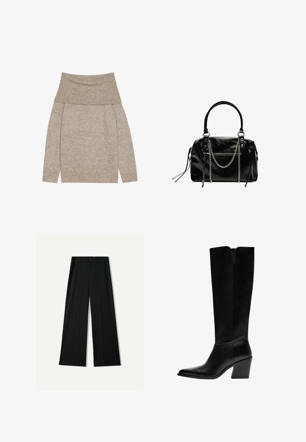 Ljust brunt stickat tröja med en bred, vikbar krage. Har långa ärmar och ribbade mudd. Mjuk textur, enkel design.; Bershka WIDE - Tygbyxor - black; Svarta knästövlar i släthet läder, med spetsig tå, blockklack och ett V-format urtag högst upp.; Bershka WITH CHAIN - Handväska - black
