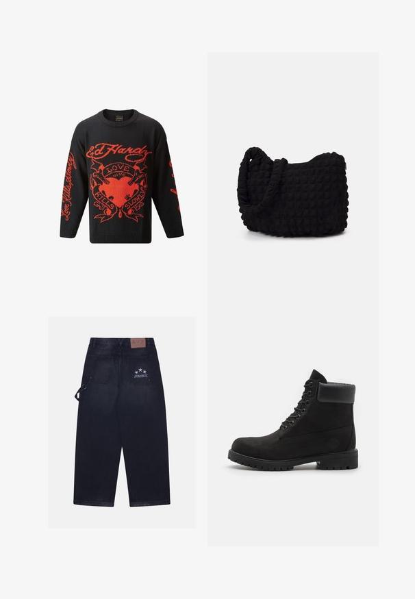 Maglione nero in maglia con audaci disegni grafici rossi, tra cui le parole "Love Kills Slowly" e un motivo a cuore. Collo tondo e maniche lunghe.; Due magliette a maniche corte, una bianca e una nera, con un design a collo alto realizzate in morbido cotone.; Pantaloni in denim scuro con vestibilità ampia. Presentano due tasche sul retro, un'etichetta in pelle con il logo e un design a cinque stelle su una tasca.; Stivale alla caviglia nero con lacci, colletto imbottito e suola robusta, mostrato in profilo su uno sfondo bianco.; Borsa in tessuto nero con un motivo trapuntato e texture. Forma arrotondata, manici corti e spessi, e una struttura morbida e flessibile.