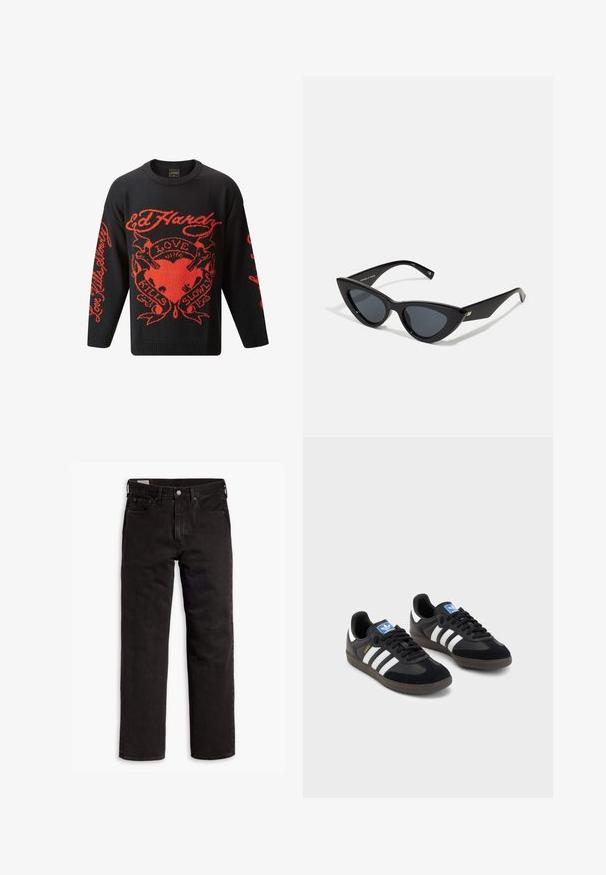 Zwarte gebreide trui met opvallende rode grafische ontwerpen, waaronder de woorden "Love Kills Slowly" en een hartmotief. Ronde hals en lange mouwen.; Zwarte recht gesneden denim jeans met vijf zakken, knoopsluiting en riemlussen, plat gelegd op een witte achtergrond.; Zwarte sneakers met een bovenwerk van suède en synthetisch materiaal, voorzien van drie witte strepen, een gestructureerde rubberen zool en een blauw logo-label op de tong.; Kattenoog zonnebril met een glanzend zwart plastic montuur, donkere lenzen en gouden accentdetails op de veren. Hoekig ontwerp met slanke lijnen.