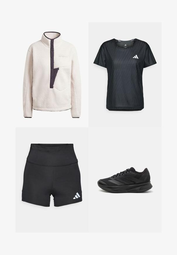 Valkoinen fleece-pusero, jossa on korkea kaulus, painonappi ja tummanvioletti puoli-vetoketjullinen tasku. Sisältää texturoitua kangasta ja brodeeratun logon.; Musta urheilupaita, jossa on pyöreä kaula-aukko, lyhyet hihat ja teksturoitu kangas, jossa on hienovarainen kuosi. Edessä valkoinen logo.; adidas Performance Trikoot - black; Mustat juoksukengät, joissa on hengittävä verkkoyläosa, pyöreä varvas, sulavalinjainen muotoilu, teksturoidut yksityiskohdat ja pehmustettu pohja mukavuutta varten.