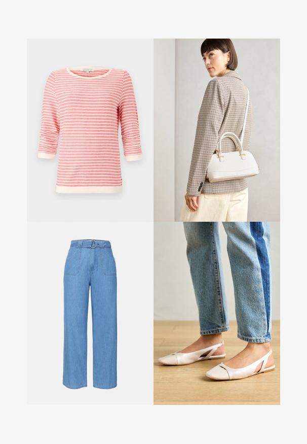 Trīs ceturtdaļu piedurkņu tops korallkrāsā ar baltām horizontālām svītrām. Iezīmēts ar ribotu kaklu un aprocēm, mīkstu audumu un brīvu piegriezumu.; Gai zila džinsa platā stila bikses ar jostu, divām priekšējām kabatām un vienkāršu faktūru. Ievēro minimālistisku dizainu un tīras līnijas.; Bālti rozā siksniņu dzīvokļi ar smailu purngalu, izgatavoti no gludas ādas līdzīgās materiāla. Iezīmē izgriezumu detaļas sānos un platu papēdi.; Balta strukturēta roku soma ar īsām rokturiem un plecu siksnu, ar zelta aparatūras akcentiem un strukturētu materiālu, izstādīta uz pelēka fona.