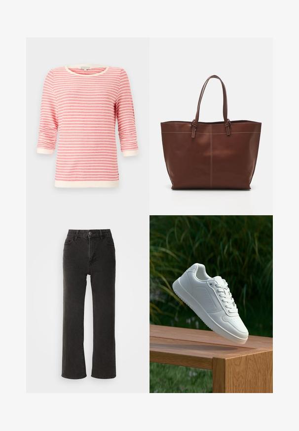 Top cu mânecă trei sferturi în nuanță de corai, cu dungi orizontale albe. Are un gât și manșete ribbate, dintr-un material moale și un croi lejer.; Blugi negri cu croi larg din denim, cu închidere frontală cu nasture, bucle pentru curea și cinci buzunare, având o textură ușor decolorată.; Sneaker alb cu un upper sintetic neted, cu vârf perforat, șireturi plate și o talpă texturată, expus pe o suprafață de lemn.; Geantă de tote din piele maro cu mânere duble, dotată cu cusături contrastante și un design spațios, potrivită pentru utilizarea zilnică.