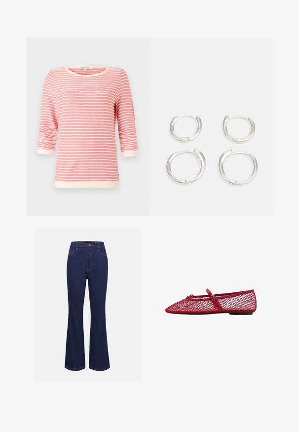 Driekwartmouwen top in koraal met witte horizontale strepen. Beschikt over een geribde hals en manchetten, zacht materiaal en een ontspannen pasvorm.; Donkerblauwe denim flared jeans met een hoge taille, standaard knoopsluiting en voorzakken. Kenmerkt zich door contrasterende stiksels en een gladde textuur.; Rode mesh ballerina's met een spitse neus, voorzien van een dunne band en een gespdetail. De bovenkant heeft een open honingraatpatroon.; Zilveren hoop oorbellen met een gladde, gepolijste afwerking. Twee paren met een iets verschillende maat. Eenvoudig, cirkelvormig ontwerp, lichtgewicht.
