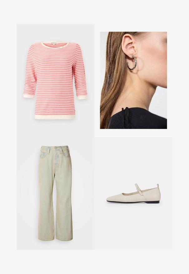 Korallitooni kolmeveerand varrukatega T-särk valgete horisontaalsete triipudega. Omab soonikuga kaela- ja mansetipiiri, pehmet kangast ja mugavat lõiget.; Heledad sinine laiad teksad, mis on valmistatud denimist, kõrge vöökoht, viis taskut ja kerge kulumine koos kontrastsetest õmblustest rõhutustega.; Valgete nahast Mary Jane lamedate kingade kumerad varbad, külgmine pandla ja madal must konts. Sile tekstuur ja minimalistik disain.; Hõbedane rõngas kõrvarõngas poleeritud viimistlusega, millel on väikesed kuldsed aktsendid ja ümmargune kuju, kantud lobus.