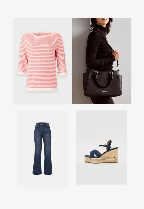 Driekwartmouwen top in koraal met witte horizontale strepen. Beschikt over een geribde hals en manchetten, zacht materiaal en een ontspannen pasvorm.; Anna Field Flared Jeans - blue wash; Marineblauwe wedge sandaal met gekruiste banden, een geprofileerd natuurlijk vezelplatform en een gouden metalen accent aan de basis.; Zwarte handtas met gestructureerd oppervlak, dubbele bovenhandvatten en verstelbare schouderriem. Voorzien van goudkleurige hardware en zijzakken.