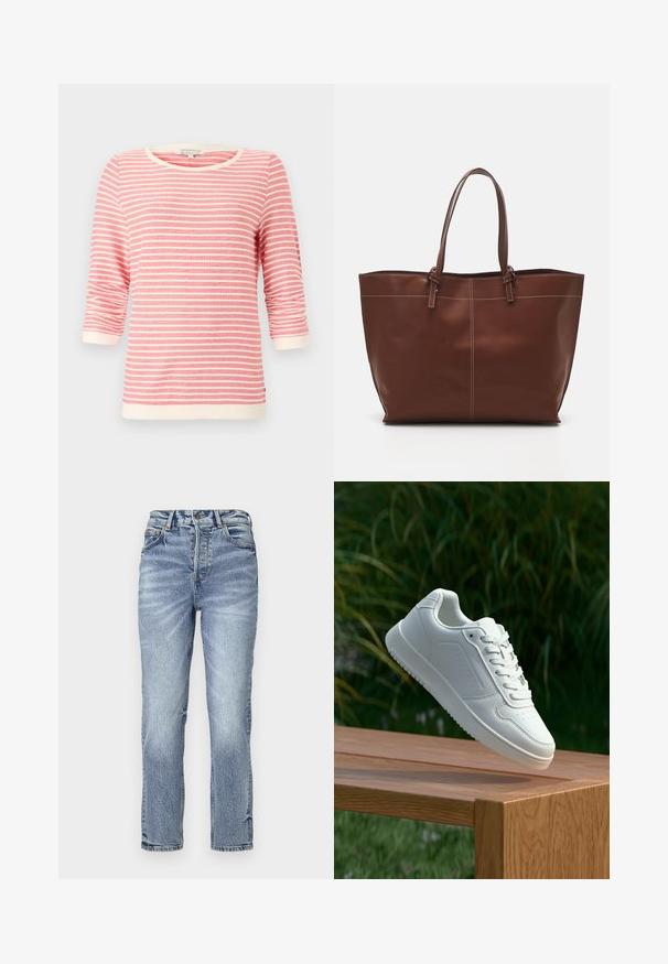 Topp med trekvart ermer i korallfarge med hvite horisontale striper. Har ribbestrikket hals og mansjetter, myk tekstur og en avslappet passform.; Lys blå denim jeans med rett passform, høy midje, falmet tekstur og fem lommer. Har metallknapp og glidelås lukking.; Hvite sneakers med en glatt syntetisk overdel, perforert tåboks, flate snørebånd og en teksturert såle, vist på en treflate.; Brun lær tote bag med dobbelthåndtak, har kontraststing og en romslig design, egnet for daglig bruk.